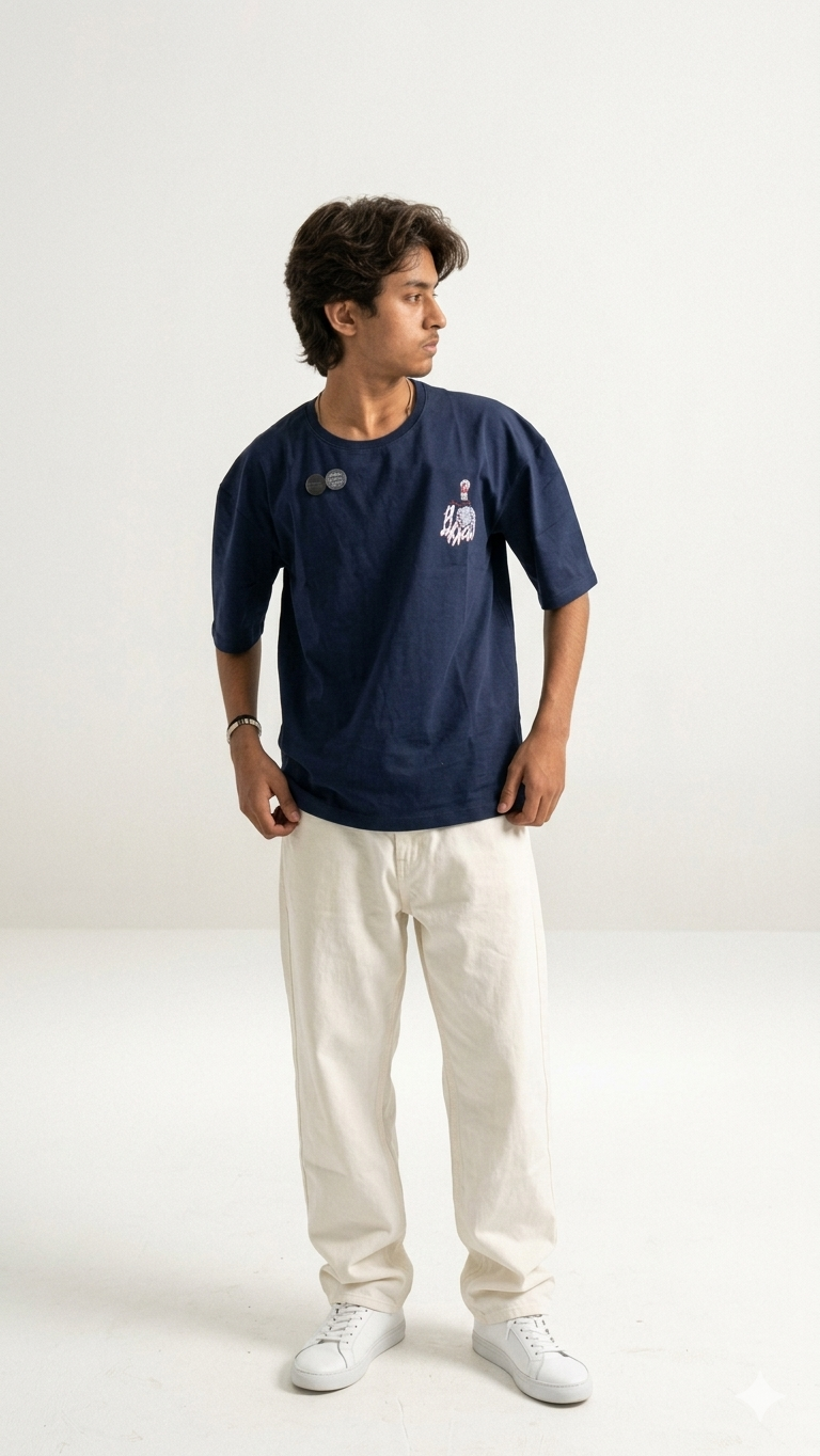Premium Dark blue Drop Shoulder T-Shirt | Animal Print Oversized
