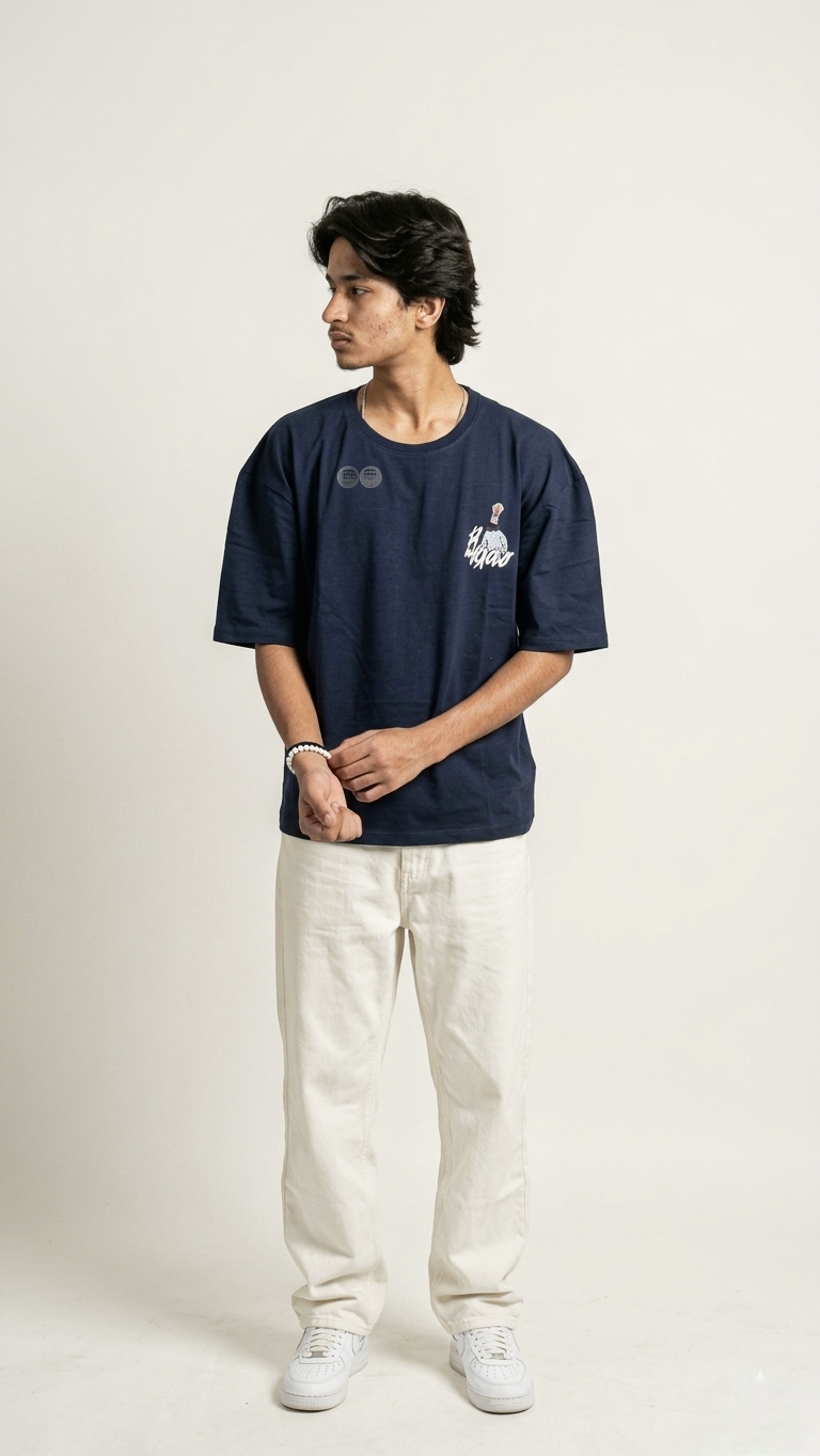 Premium Dark blue Drop Shoulder T-Shirt | Animal Print Oversized